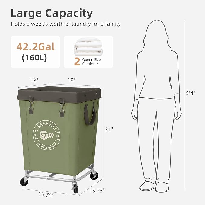 STORAGE MANIAC Commercial Laundry Hamper with Heavy Duty Steel Frame, 160 L Industrial Laundry Basket Cart with Wheels for Hotel, Home, Laundry Room, 18''L x 18''W x 31''H, Medium Green