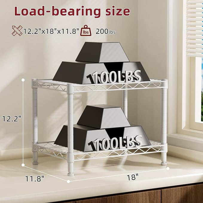 SINGAYE Small Wire 2 Shelves Pantry Metal Shelf Floor Organizer Under Desk | Armoire Adjustable Floor Kitchen Narrow Organizer Rack Shelving Short Square Stackable Standing Storage Tier Under Unit