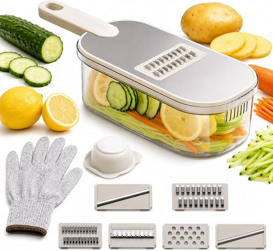 Mandoline Slicer, Vegetable Cutter, Container, Glove & Guard, 6-Blade | Six interchangeable inserts deliver 1.5mm and 3mm sheets, 3mm and 5mm julienne, wavy edges, plus grated textures for recipes.