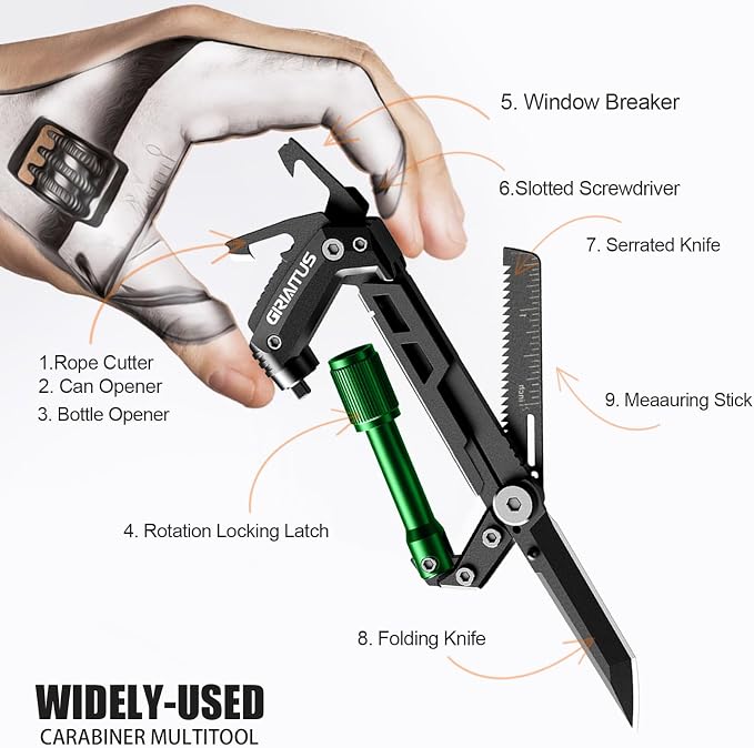 Carabiner Multitool with Pocket Knives, EDC Carabiners for Camping Hiking | Serrated Knife, Rope Cutter, Screwdriver, Can Bottle Opener, Ruler, Folding Knife, Gifts for Men (Green)
