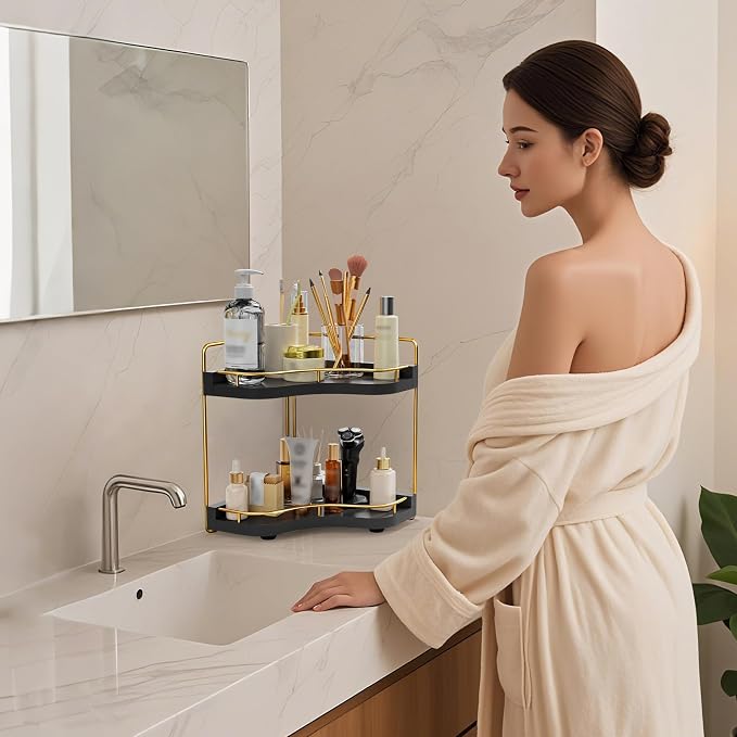 2-Tier Corner Bathroom Counter Organizer, Larger Size | Embedded Screw Holes, Sturdy & Stable, Oversized, Holds More, Vanity Shelf for Makeup & Skincare, Black Gold