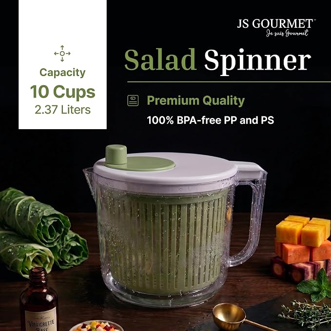 JS Gourmet Salad Spinner – 2.37L (10 Cup), BPA-Free Manual Vegetable Spinner with Strainer Basket, Durable Kitchen Gadget, Easy Spin Dryer Bowl for Lettuce, Fruits & Greens