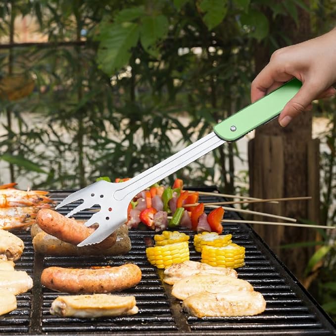 ROXON S601 6-in-1 Folding Grill Tool Set,14" BBQ Utensils for Camping Green | Includes Fork, Spatula, Knife, Tongs, Bottle Opener & Corkscrew. LFGB Certified, Dishwasher-Safe, Portable for Outdoor BBQ