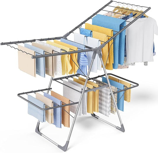 Sakugi Clothes Drying Rack, Foldable 2-Level with 55.5" Adjustable Wings | Laundry Room, Bedroom, Indoor & Outdoor Use, Height Adjustable, Clothing & Bedding, 55.5" L × 22.8" W, Gray