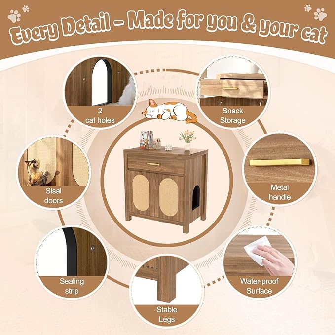 Cat Litter Box Enclosure, Hidden Litter Box Dog Proof with Sisal Scratching Board Doors and Drawer, Wooden Hidden Cat Litter Box Enclosure Furniture with Storage Drawer