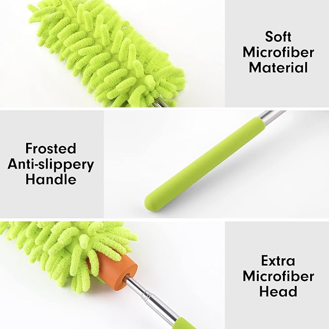 Duster for Cleaning, 10-29" Extension Pole, 2 Washable Heads, Green | Microfiber Heads, Wet Or Dry, Detachable, Hand Washable, Easy Storage, For Cars, Offices, Windows, Furniture And Ceiling Fans