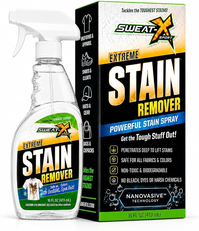 SWEATX Extreme Stain Remover Spray for Clothes and Activewear, 16 fl oz | No Wash Multipurpose Deodorizer for Stinky Shoes, Gym Bags and Sports Equipment, Concentrated Non Toxic Formula