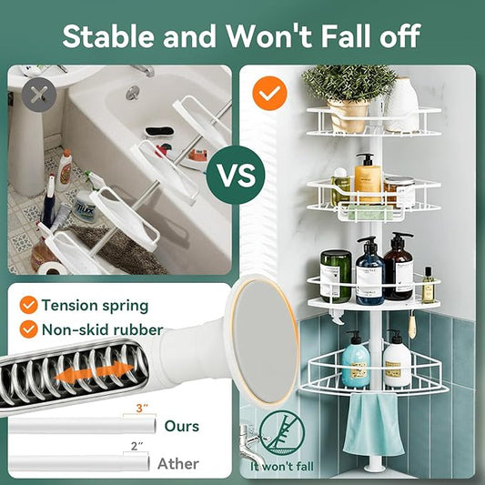 Corner Shower Caddy Tension Pole, 4 Tier Rustproof Shower Tension Rod Organizer, Adjustable 25-125 Inch Bathroom Shower Organizer Shelves for Bathtub Shampoo Storage, White