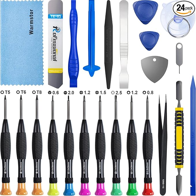 24 Pieces Opening Pry Tool Screwdriver Set Open Replace Screen Battery Repair Tools Kit for Fix Apple iPhone 17 16 15 14 13 12 11 X Pro Max Plus, iPad, iPod, Cellphone, Computer Tablet, Xbox