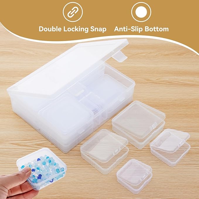 Goodma Small Bead Organizers, 78 Pieces Mixed Sizes Plastic Storage | Clear Containers, Transparent Rectangle, Craft Supply Boxes, Hinged Lid