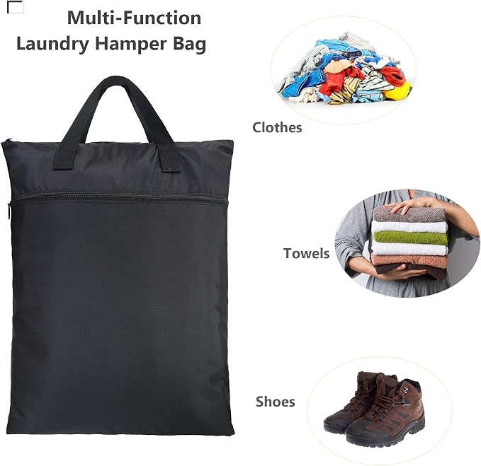 BeeGreen Black Travel Laundry Bag with Strap & Zipper Pockets Hanging Laundry Hamper Heavy Duty Collapsible for Dirty Clothes College Dorm Gym Beach Pool Swimsuit