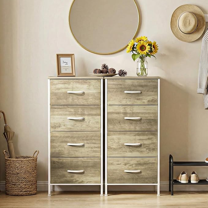 Sweetcrispy Dresser for Bedroom, 4 Drawer Storage Cabinet, Tall Nightstand | Small Fabric Dresser for Closet, Chest of Drawers, Closet Organizer, Home Furniture, Sturdy Frame, Oak Greige