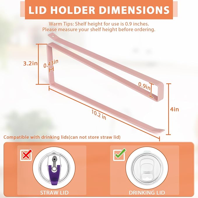 2 Pack Tumbler Lid Organizer, Versatile Tumbler Storage Holds 20 Lids Pink | Space Saving Cup Lid Organizers Inside Cabinet Tumbler Lid Hook for Kitchen Organizer and Storage, Paper Towel Rack Hanger