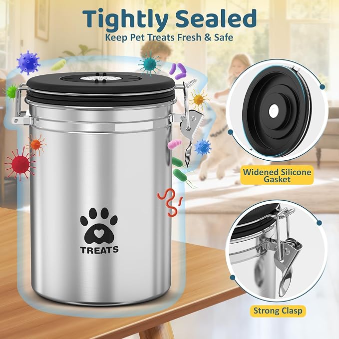 ENONCI Dog Treat Container Airtight,8.2"x5.9" Stainless Steel Cat Treat Jar for Kitchen Counter with Scoop, Pet Storage for Fresh Dog Cookie