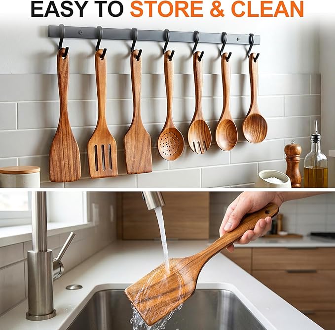 7 Pcs Acacia Wood Cooking Utensils Set Large Wooden Spoons for Cooking Spatula Salad Mixing Spoon Non Toxic Utensil for Kitchen Use Spatulas Non Stick Turner Slotted Serving Spoon Kitchen Utensils