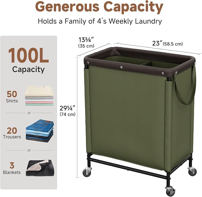 StorageWorks 2 Section Laundry Hamper, 100L Green Sorter Cart with Wheels