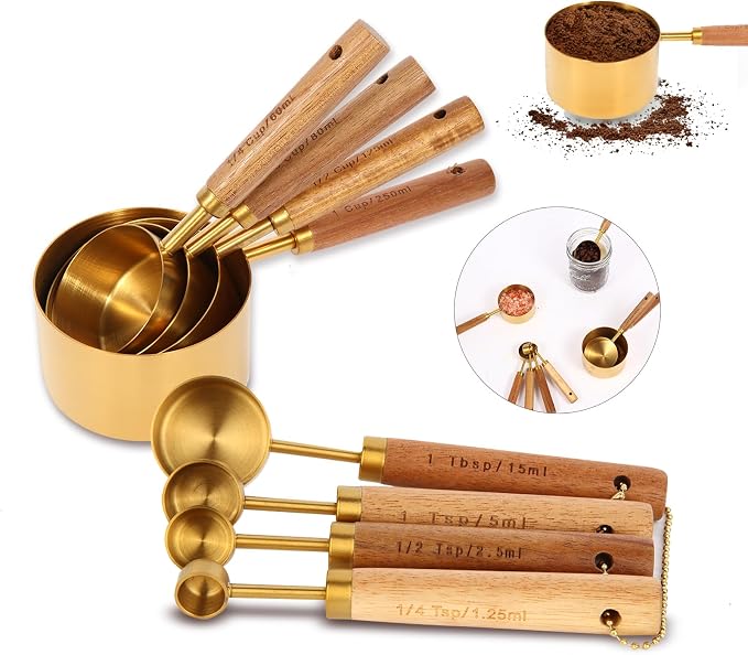 Gold Measuring Cups and Spoons Set with Fragrant Wood Handles, Premium Stainless Steel Measuring Spoons and Measuring Cups Set, For Cooking and Baking in the Kitchen (8 Piece) | Premium Stainless Steel, Dishwasher safe, Precision Measuring Cup Set for ...