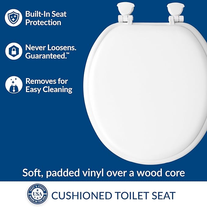 Mayfair Padded Toilet Seat, Cushioned Soft Vinyl over Wood Core Seat, Secure Hinges, Easy Clean, Made in USA, Round, White (Pack of 2)