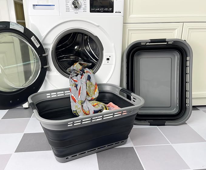 SAMMART 42L (11 Gallons) Collapsible Plastic Laundry Basket - Foldable Pop Up Storage Container/Organizer - Portable Washing Tub - Space Saving Hamper/Basket [BPA Free] (Grey/Black (Set of 2))