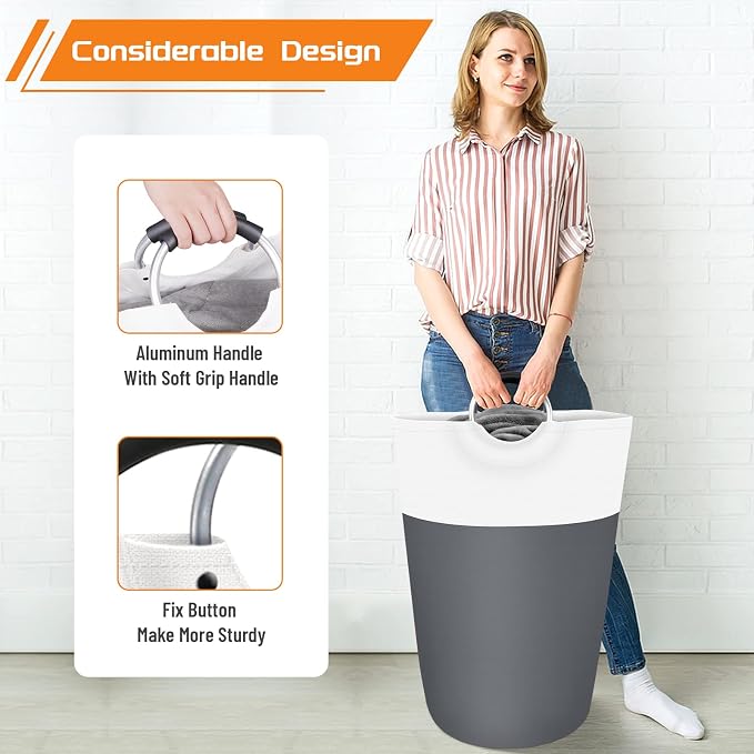 BlissTotes 115L Laundry Basket, Freestanding Collapsible Hamper, Gray | Collapsible Dirty Clothes Hamper, Foldable Laundry Bag for Dorm, Waterproof Fabric, Padded Aluminum Handles