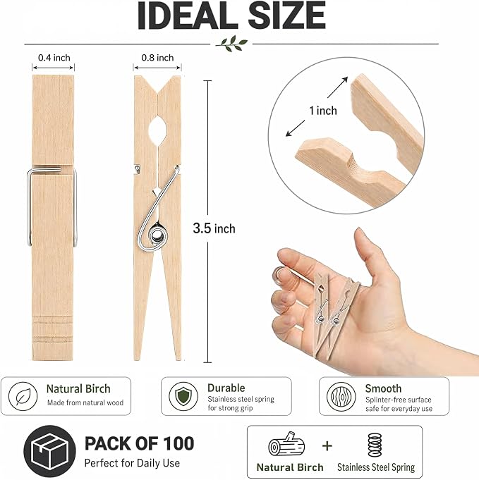 Clothes Pins Wood for Hanging Clothes,3.5 Inch【100pcs】 Heavy Duty Wooden Clothespins,Clothes Pins for Craft,Wooden Clips for Pictures. | Rust Resistant