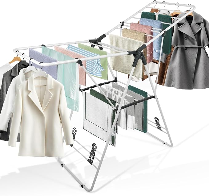 Clothes Drying Rack Foldable Metal Laundry Drying Rack White | with Height-Adjustable Wings, Space Saving, Indoor Outdoor Use, Free-Standing Airer