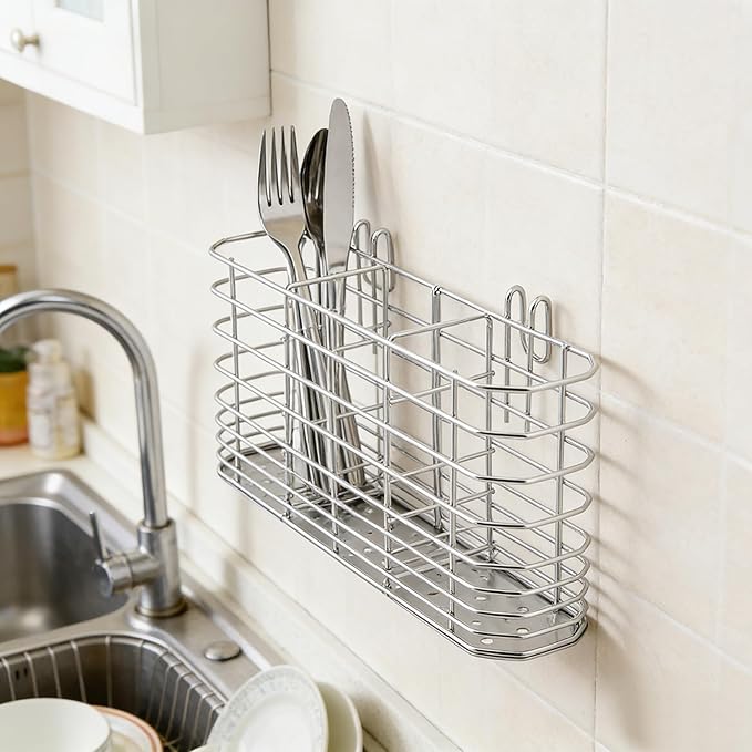 3-Compartment Utensil Holder, Drainage Basket for Kitchen | 304 Stainless Steel Hook Design Silverware Drying Rack with Three Dishwashing Sponges and a Dishcloth