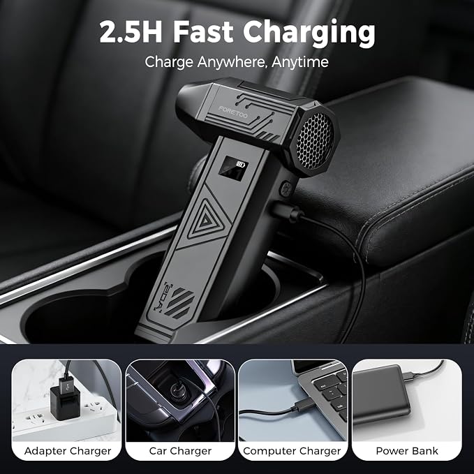 Foretoo Compressed Air Duster,130000RPM Super Power LED Display Electric Air Duster with Extended Runtime,Rechargeable Air Blower for Home,Camera,Car,Computer,Keyboard