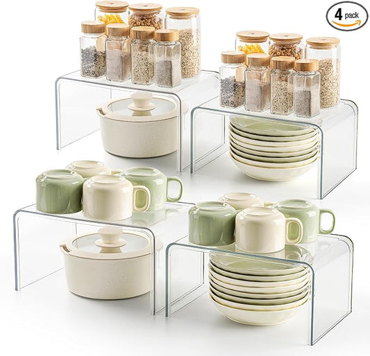 Clear Spice Rack Shelves, Pantry Organizers and Storage Set of 4, Display Shelf Organizer, Room Bathroom Desk Shelf Countertop Organization and Storage, Ideal for Kitchen Cabinet Organizer Shelf