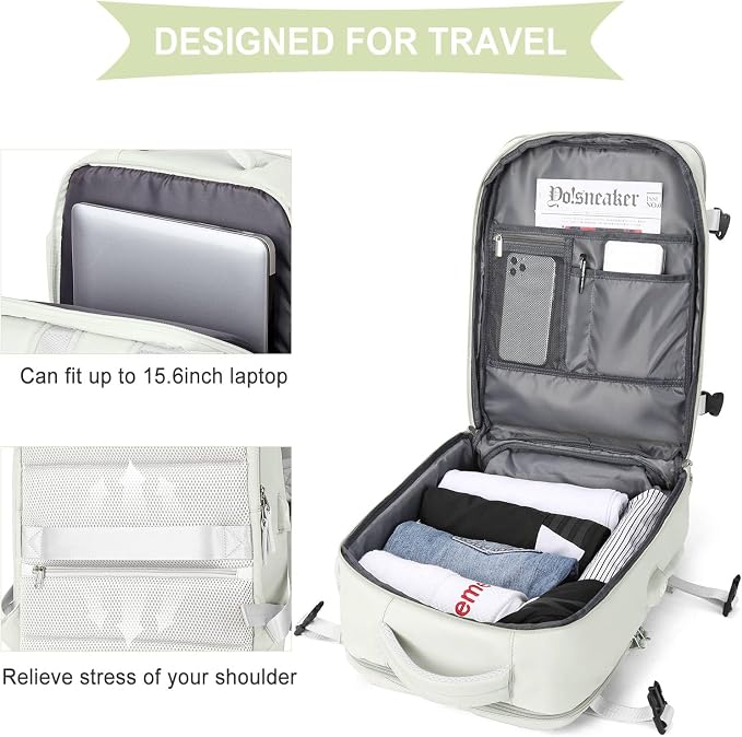 WONHOX Large Travel Backpack Women, Carry On Backpack, Hiking Backpack Waterproof Outdoor Sports Rucksack Casual Daypack with USB Charging Port Shoes Compartment, Moon White