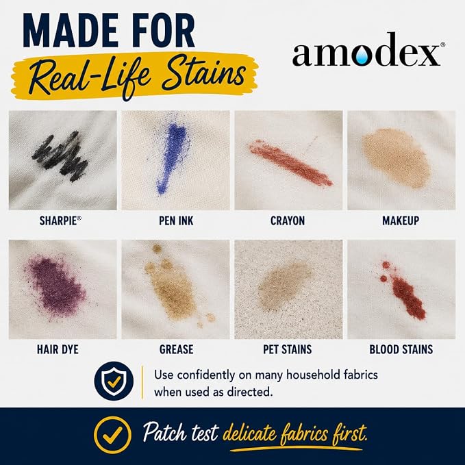 Amodex Ink & Stain Kit with Stain Remover Brushes, Removes Ink, Sharpie, Grease, Food and More, Safe and Effective on Clothes, Leather and Skin, Includes 1 Bottle and 2 Brushes