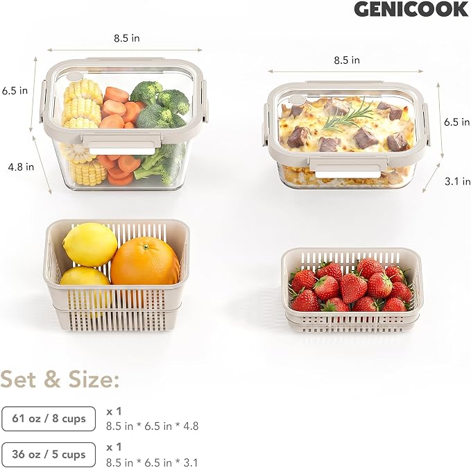 GENICOOK Glass Fruit Storage Containers for Fridge, 2 Pack Produce Containers with Removable Colanders & Vent Glass Lids, Airtight Fruit & Vegetable Storage, BPA Free Borosilicate Glass