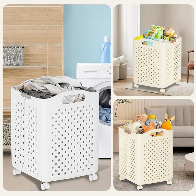 57L Collapsible Laundry Basket with Wheels, Laundry Basket Collapsible, Foldable Laundry Baskets with Handles, Dirty Clothes Hamper for Dorm, Bedroom and Bathroom (Cream White)