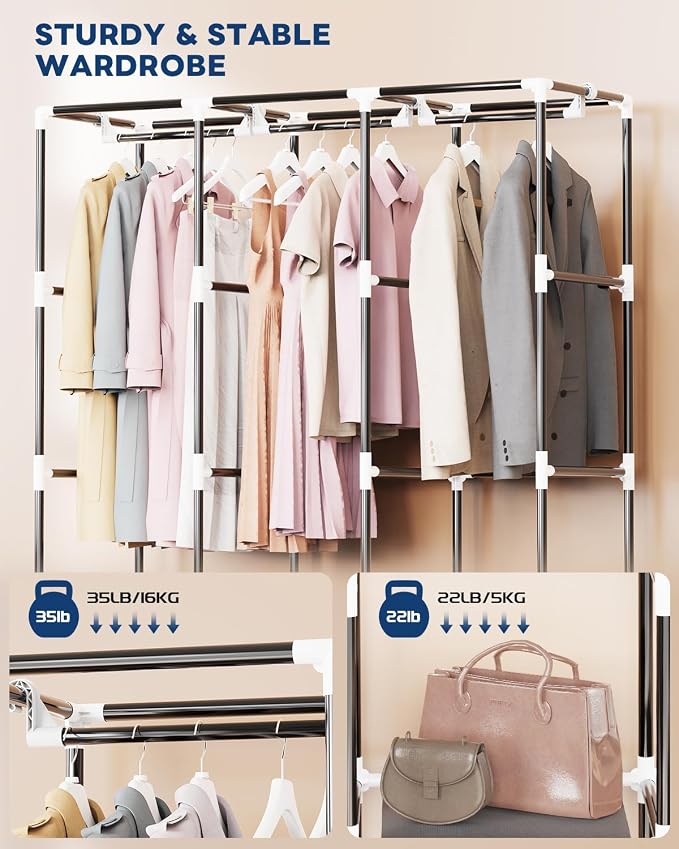 Mavivegue Portable Closet, 50 Inch Wardrobe Closet, Portable Closets for Hanging Clothes with 3 Hanging Rods and 6 Storage Shelves for Bedroom, Gray
