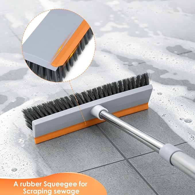 Floor Scrub Brush with 45" Long Handle, 2-in-1 Heavy-Duty Stiff Bristle Scrubber Brush Broom with Scrape Squeegee for Cleaning Bathroom, Shower, Kitchen, Patio, Pool, Garage, Tile, Wall and Deck