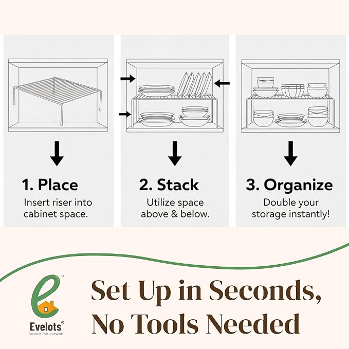 Evelots Wire Shelf Organizer Set, Metal Cabinet Shelf Risers, 6-Pack, White | 6-Pack rustproof metal wire shelf organizers create extra storage space in kitchen cabinets, pantries, freezers and bathrooms