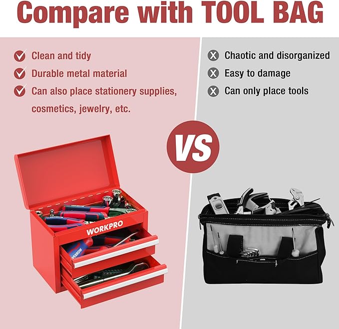 WORKPRO Mini Metal Tool Box with 2 Drawers and Top Storage | Cold Rolled Steel, Small Tool Chest, PVC Liners, PP Feet Pads, Drawer Liners & Magnetic Tabs