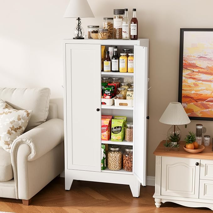 AQY Metal Pantry Cabinet with Adjustable Shelves, White Kitchen Pantry Storage Cabinet with 2 Doors, Freestanding Storage Cupboard Organizer for Dining Room, Living Room, Bathroom