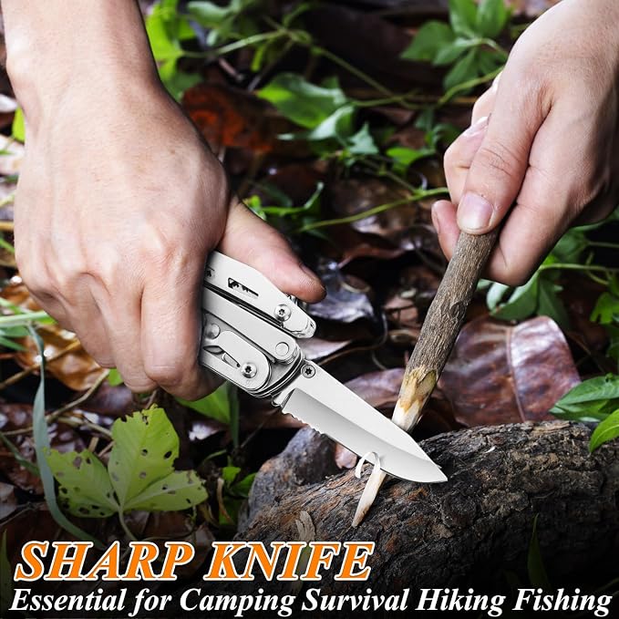Multi Tool Pocket Knife Tactical Camping Survival Knife Gifts for Men Dad Husband 18 in 1 Multitool Pliers Scissors Saw Corkscrew Bottle Opener 9-pack Screwdrivers Safety Lock Nylon Sheath