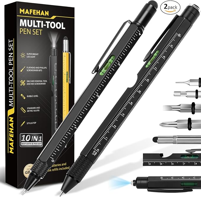 MAFEHAN 10-in-1 Multitool Pen Set, Gifts for Men Dad Husband Grandpa | LED tool pen gifts for men who have everything; aluminum EDC pen for writing, measuring, fixing and touchscreens-All Black