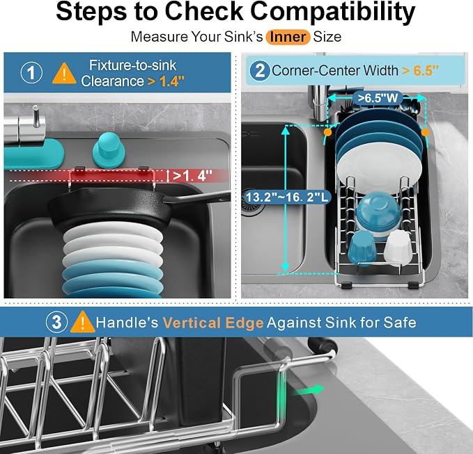 GSlife Small Dish Drying Rack for Counter - Expandable Drainer, Silver | Dual-Screw Locks, Expandable Fit Support with Cup Holders, Steel Drainer, Measured Sink Fit, Daily Kitchen Use and Cleanup