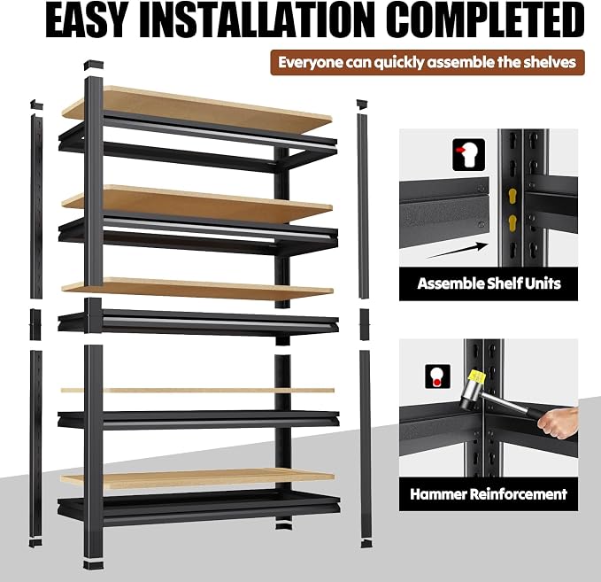 71.2''H Storage Shelves, 2500lbs Garage Shelving,Adjustable Heavy Duty Shelving Unit,5T Tall Garage Shelves，Wood Metal Standing Shelf Units,Utility Rack For Kitchen 71.2''H*45.6''W*17.7''D,2-Pack
