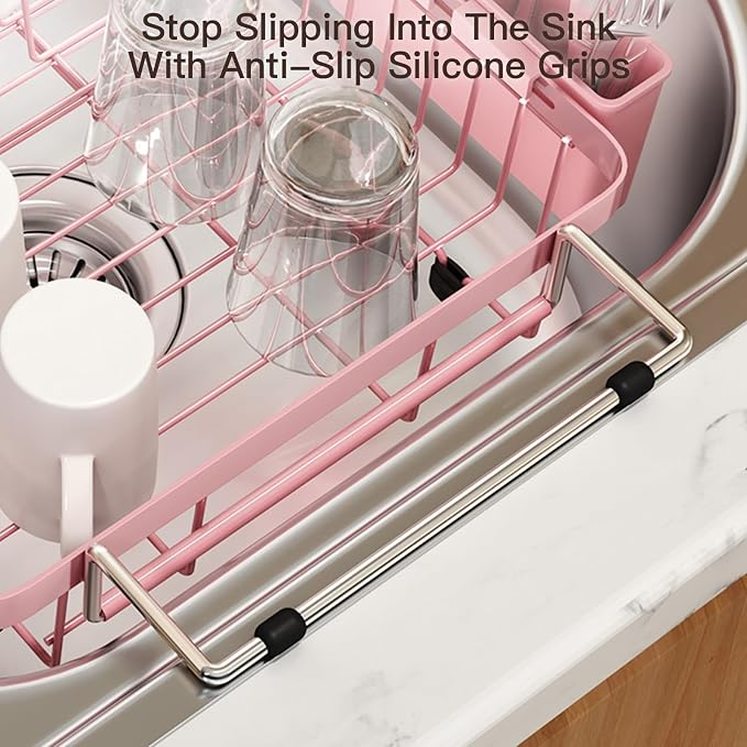 MAJALiS Pink Dish Drying Rack Over The Sink with Utensil Holder | Expandable Stainless Steel Dish Drainer for Small Kitchen, Apartment, RV, Counter Space Saving, Perfect Fit, Rustproof