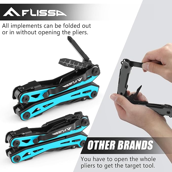 FLISSA 16-In-1 Multi-Tool Pliers, EDC Multitool, Aqua Blue | Gift for Men, Stainless Steel, Pocket Knife, Belt Clip, Oxford Pouch, Safety Locking, For Camping, Survival & Outdoor