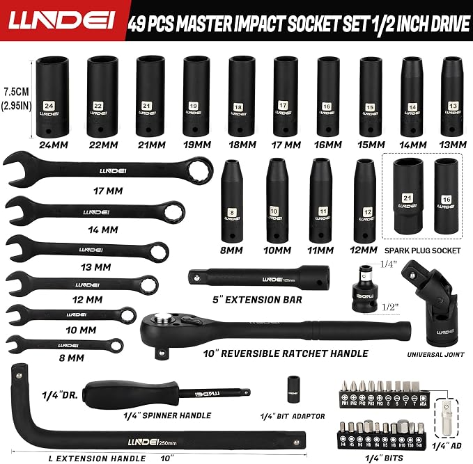 1/2" Impact Socket Wrench Set: 49Pcs, CR-V, Metric | Combination Wrenches (8-17mm), Deep Sockets(8-24mm), Spark Plug Socket(16,21mm), Household&Automotive Repairing