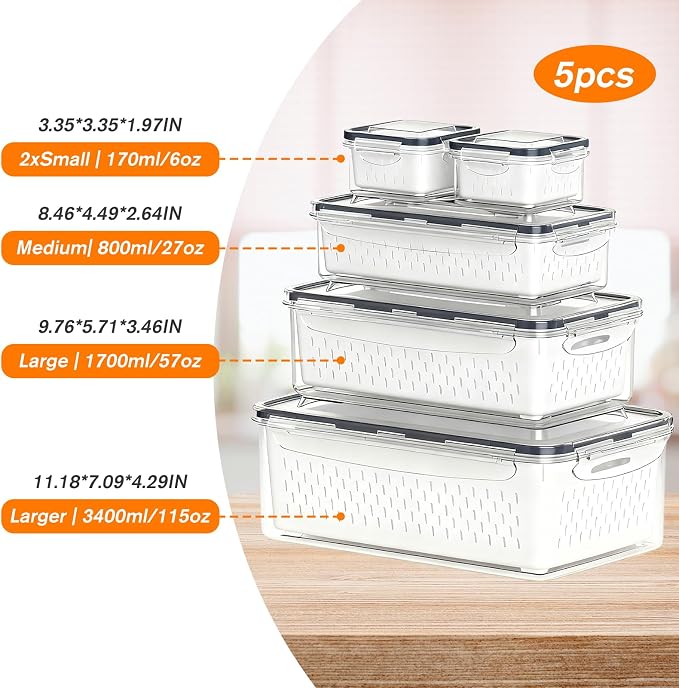 KUK 5 Pack Fruit Storage Containers for Fridge, Leakproof Food Containers with Removable Colander, Berry Containers for Fridge BPA Free Produce Saver Keep Vegetables Berry Meat Fresh Longer (5)