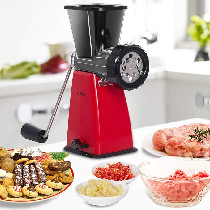 LHS Manual Meat Grinder with Stainless Steel Blades Heavy Duty Powerful Suction Base for Home Use Fast and Effortless for All Meats-Red