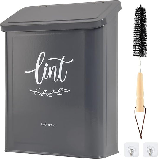 Perfnique Magnetic Lint Bin for Laundry Room with Lint Brush, Wall Mounted Lint Holder Trash can with lid for Dryer, Modern Farmhouse Rustic Metal Laundry Room Storage Organization and Decor(Gray)