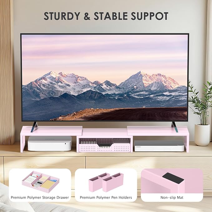 OPNICE Desk Organizers and Accessories, Dual Monitor Stand Riser with Drawer and 2 Pen Holders, Desk Shelf Computer Racks for Office Workspace Organizers, Desktop Organization (Pink)