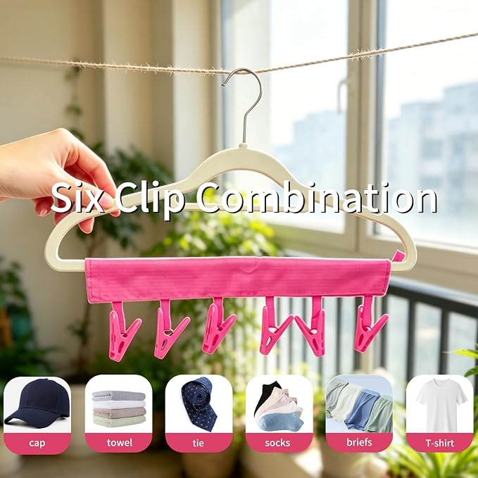Mini Clothespins Travel Hangers 3-Pack Rose Red, Foldable Portable Clothes Hangers with 6 Non-Slip Clips for Socks Swimsuit Towel Drying Rack, Cruise Dorm Camping Travel Essentials